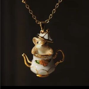 Gold and White Teapot Mouse Pendant Necklace